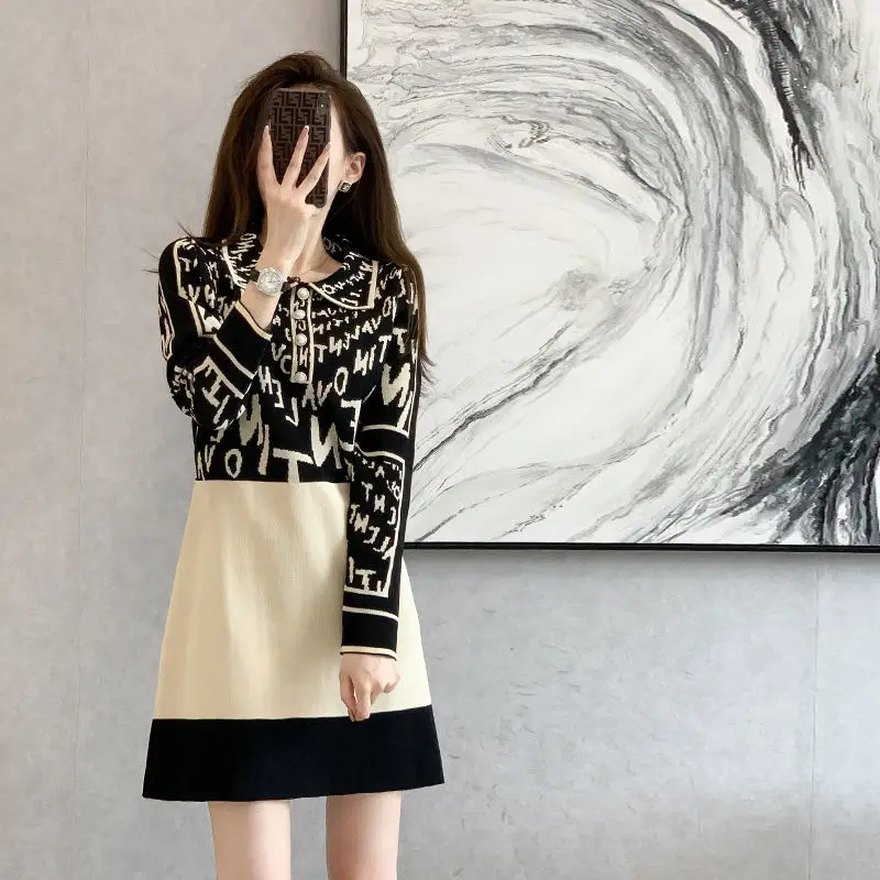 EWSFV 2021 Autumn New Arrive Women Polo Collar Full Sleeve Knitted Dress Trendy Color Contrast Patchwork Straight Slimming | Женская