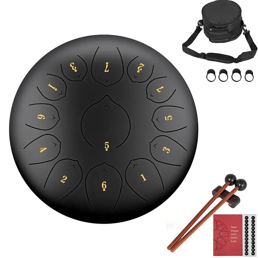 

12 Inch 13 Note Stainless Steel Tongue Drum Percussion Instrument Lotus Hand Pan Drum with Drum Mallets Carry Bag