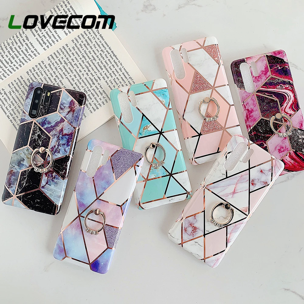 Plated Geometric Marble Phone Case With Ring For Huawei P20 P30 P40 Pro Lite Mate 20 Soft IMD Cover | Мобильные телефоны и