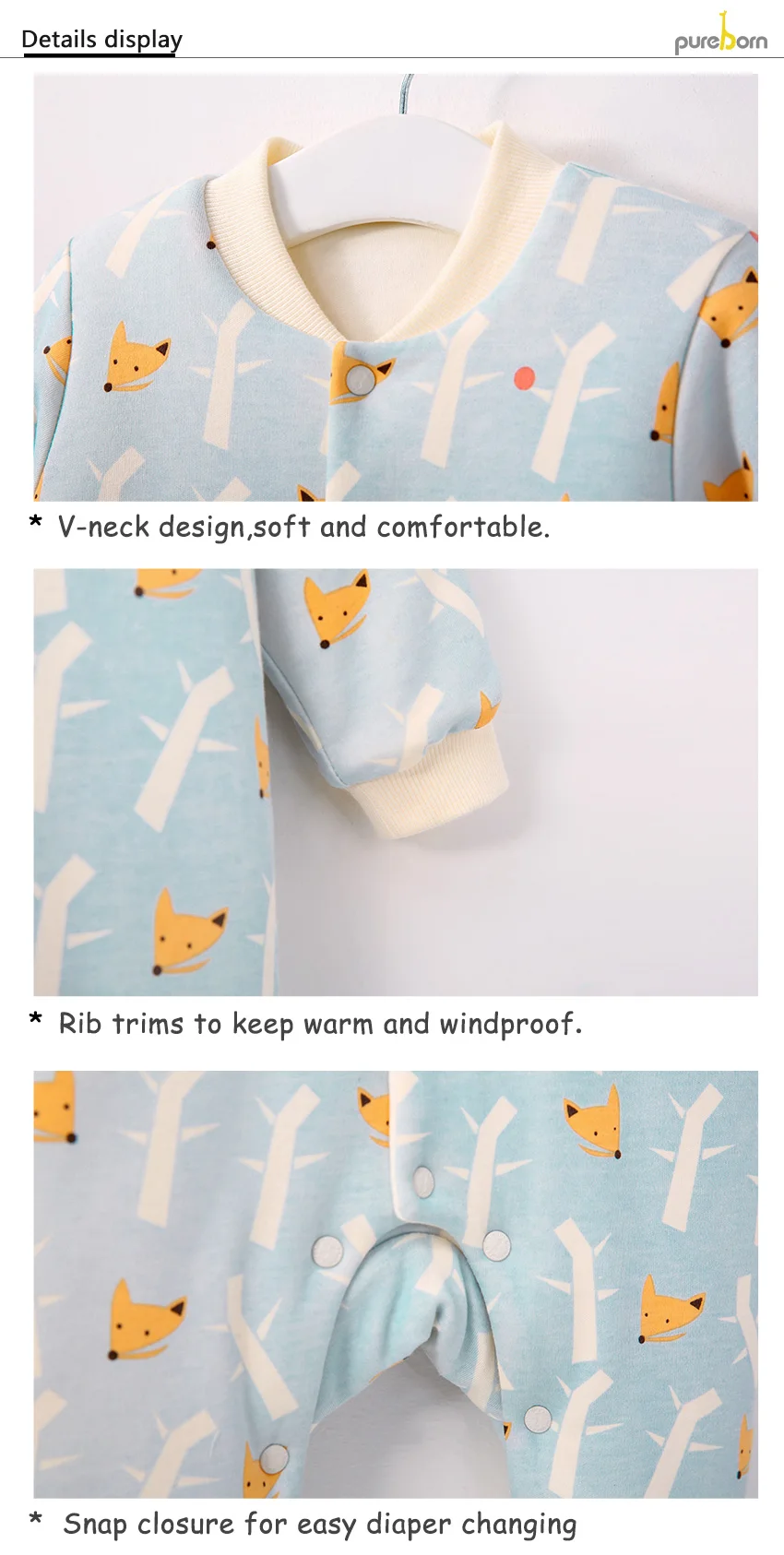 Pureborn новорожденный утепленный зимний комбинезон с рисунком лисы на кнопках одежда для маленьких мальчиков теплая одежда с длинными рукавами