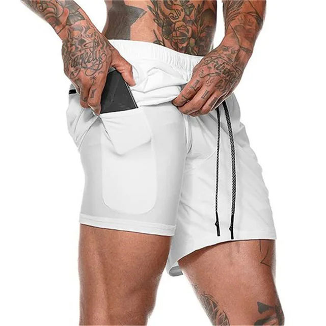 Men's Sport Running Beach Short Board Pants Swim Trunk Pants Quick Drying 2 in 1 Surfing Shorts double-deck Swimwear for Male - Цвет: White