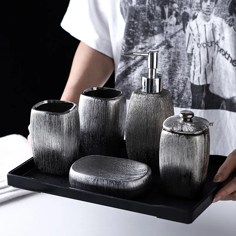 

Ceramic imitation marble Bathroom Accessory Set Washing Tools Bottle Mouthwash Cup Soap Toothbrush Holder Household Articles(R32