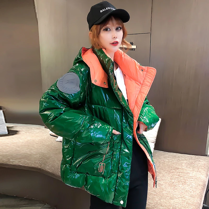 

Laser Winter Fashion Hit Colors Hooded Glossy Down Cotton-padded Coat Women Snow Outwear Thicken Warm Bright Shiny Parka Jacket