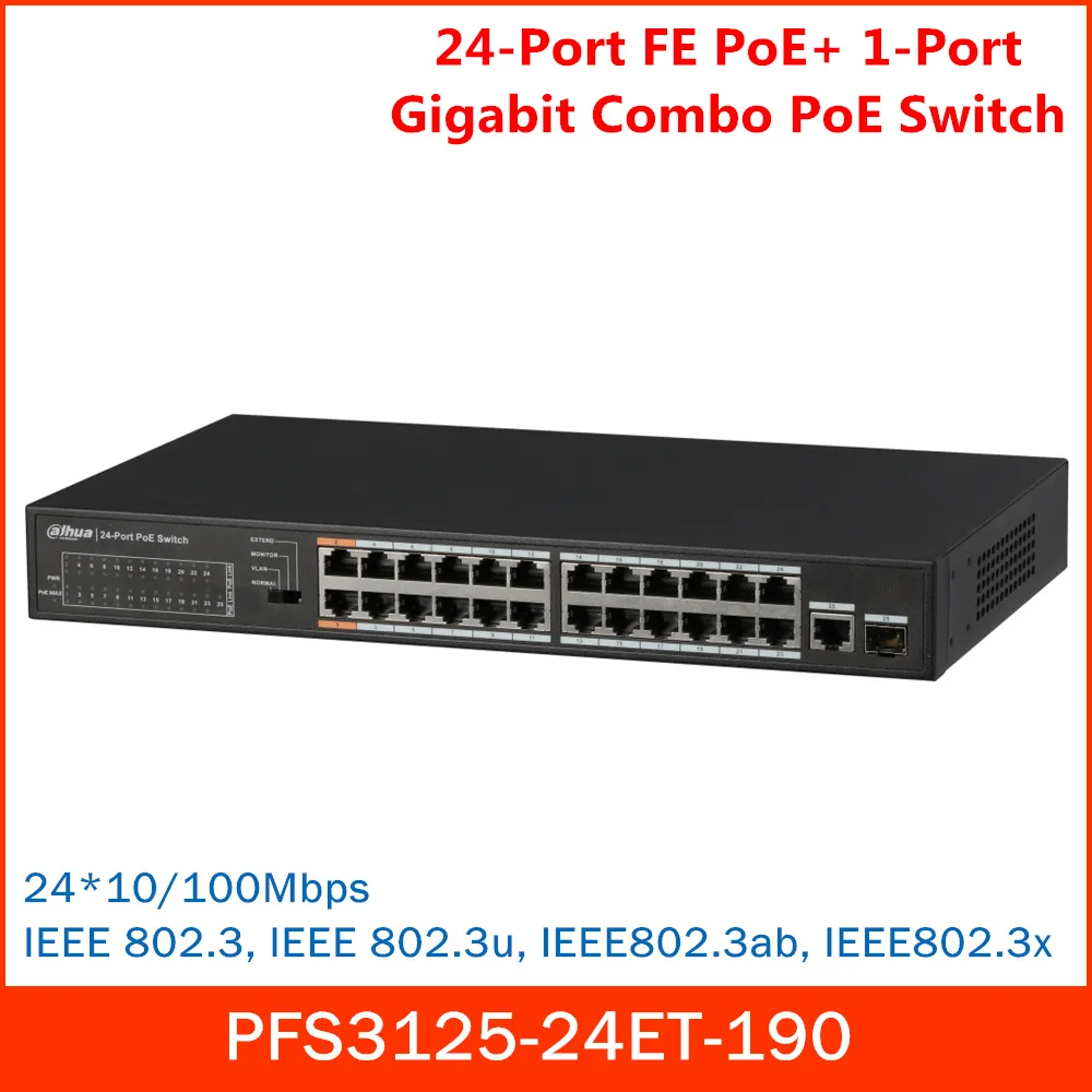 Dahua 24-портовый FE PoE + 1-портовый гигабитный комбо коммутатор 24*10/100 Мбит/с PFS3125-24ET-190 Sup