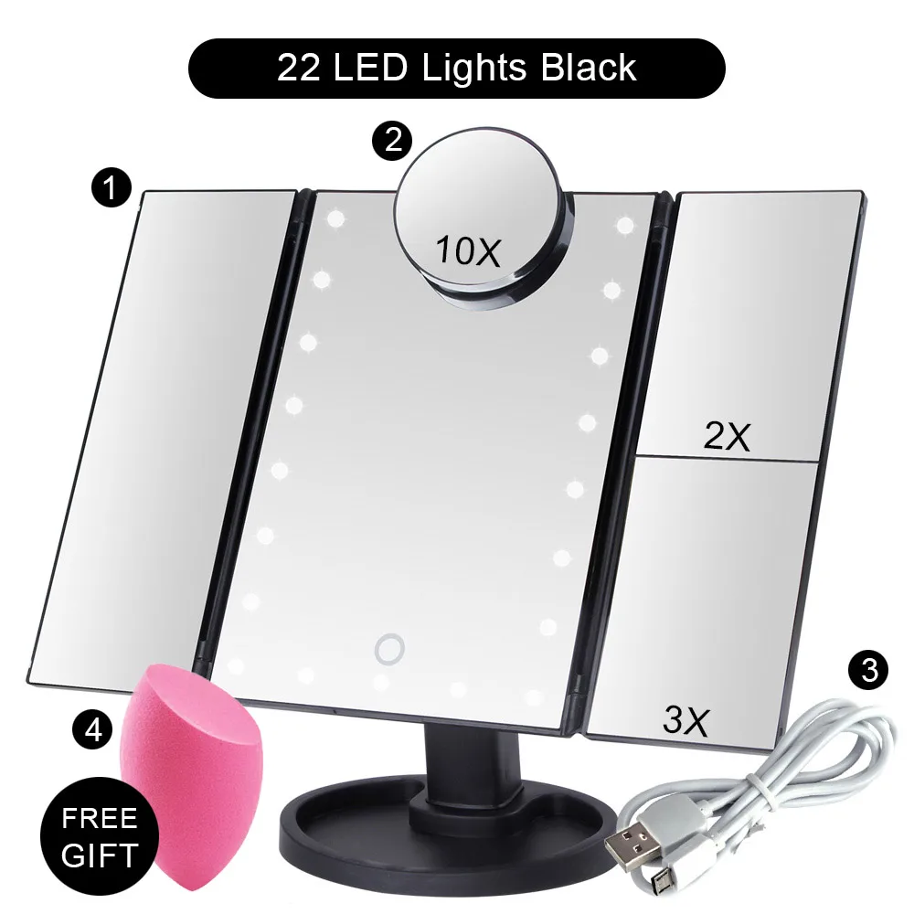 22 светодиодный светильник с сенсорным экраном, карманное зеркало с 1X/2X/3X/10X увеличительным компактным туалетным столиком, гибкий косметический светильник, зеркало для макияжа - Цвет: BK 22 Light Set D