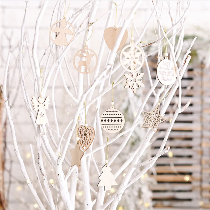 

12 Pieces Creative Hollow Wooden Small Pendant Cute Christmas Tree Decoration Pendant Multiple Pattern Xmas Decor Accessories