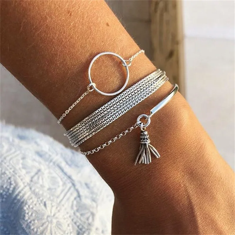 

European and American jewelry with multilayer geometric circle tassel 3 piece exclusive bracelet for ladies party gift