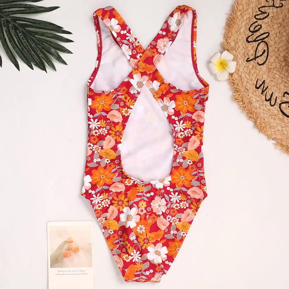 Floral Girls One Piece Swimsuit Kids 7-16 Years Retro Vintage Children's Swimwear Striped Girls Bathing Suit Monokini Cross Back