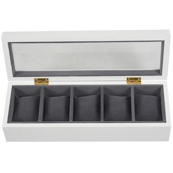 

White Wooden 5 Slot Watch Box Black Flannel Small Pillow Pad Display Watch Storage Box