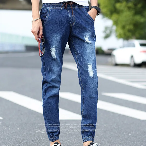 Men Casual Jeans Men Large Size Elastic Waist Legs Jeans Men Loose Hole Straight Leg Ankle Length Casual Pants