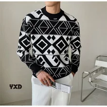 

Autumn Winter Korean Style Men's Clothing Man Geometric Hit Color Trendy Sweaters Men Fashion Light Mature Loose Pullovers Male
