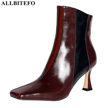 

ALLBITEFO natural genuine leather women boots fashion high heel shoes women heels shoes ankle boots women's motocycle boots