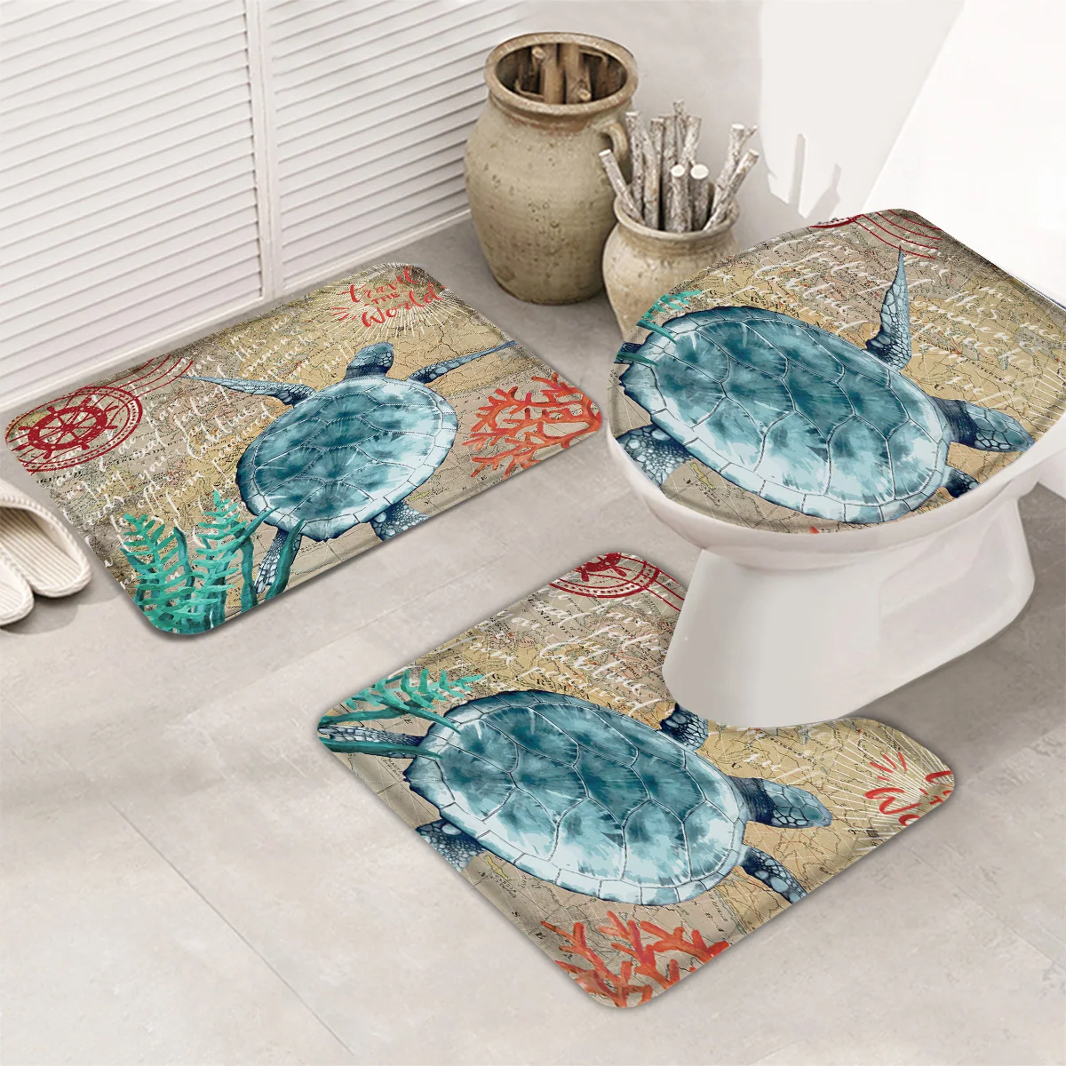 3 Pieces Bathroom Set Nautical Theme Sea Turtle Retro Map Durable Bath Set Toilet Cover Mat Pedestal Rug Non-Slip Bathroom Rug