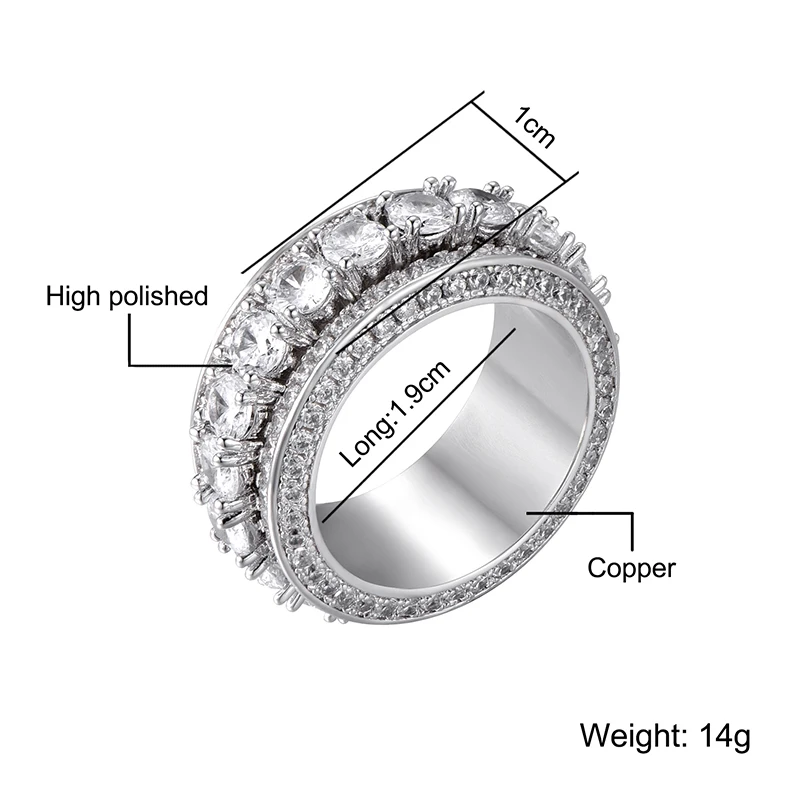 Вращающийся 5 ряд Iced Out Bling Full CZ Charm Tready медь, кубический цирконий кольцо для мужчин хип-хоп ювелирные изделия золото серебро Размер 8-11