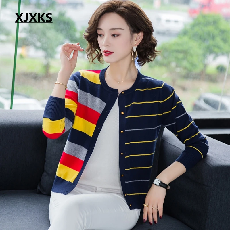 

XJXKS Sueters De Mujer Moda 2019 Casual Stripe Wool Sweater Women Single-breasted Long Sleeve Women Knitted Cardigan