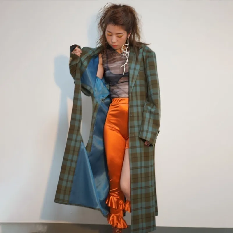TVVOVVIN Women Plaid Hollow Out Asymmetrical Trench New Lapel Long Sleeve Loose Fit Windbreaker Fashion Autumn Winter F941