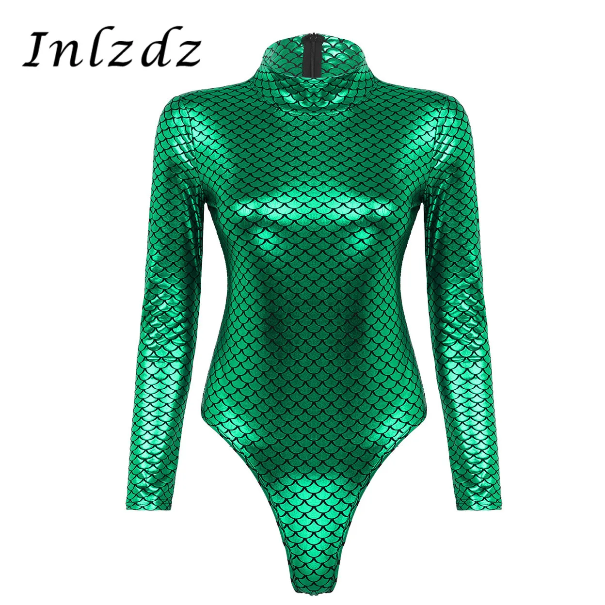 

Womens Gymnastic Dance Bodysuit Shiny Metallic Fish Scales Printed Rave Clothes High Neck Long Sleeves Leotard Bodysuit Clubwear