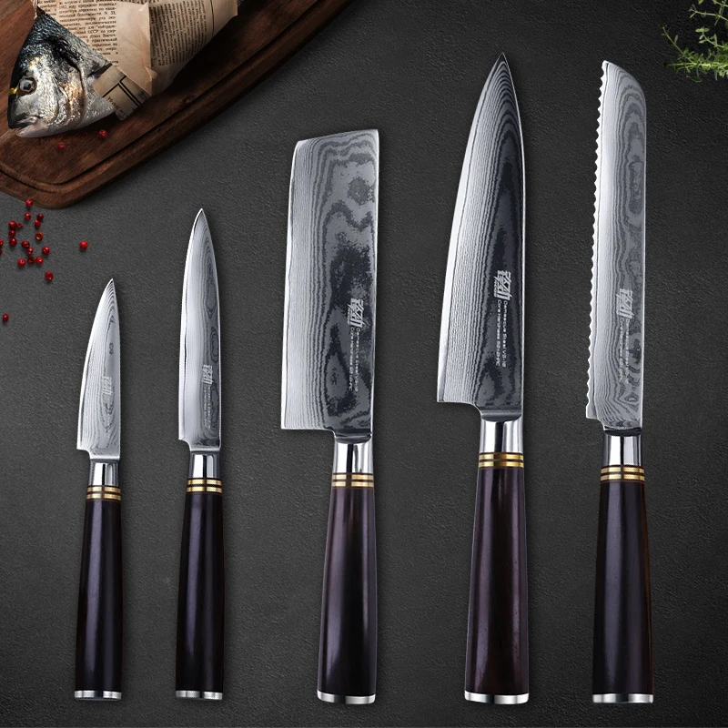 

5 PCS Damascus Kitchen knives sets Sharp Blade Black Handle damascus Knife Set Chef Bread Nakiri Utility Fruit Paring Knife best