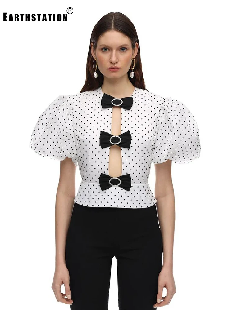 Бесплатная доставка женская летняя рубашка в горошек с буффами на рукавах и