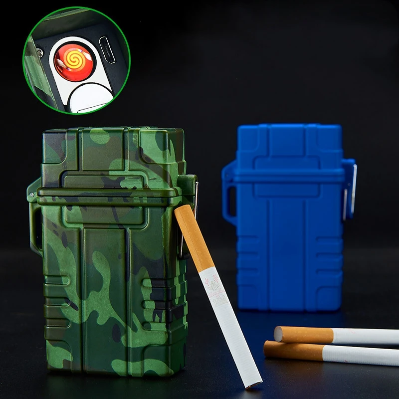 

Waterproof USB Lighter New Cigarette Case Lighter Cigar Box Holder Windproof Gas Lighter Refillable Fire Butane Jet Hole