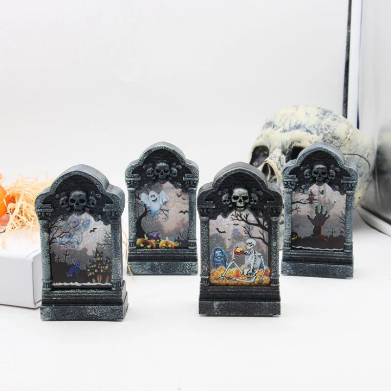 

Halloween Luminous Mini Tombstone Ornaments with Ghost Pattern DIY Tombstone Night Light Pumpkin Skull Lamp Party Decoration