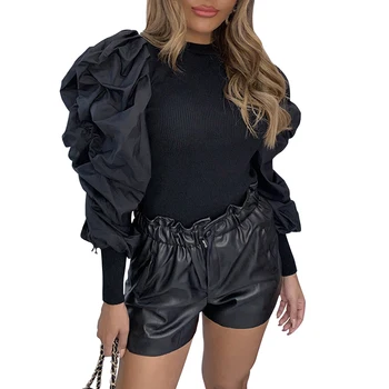 

Shopping Solid Pullover Party Crew Neck Loose Autumn Winter Ribbed Casual Soft Women Sweater Daily Puff Sleeve Dating