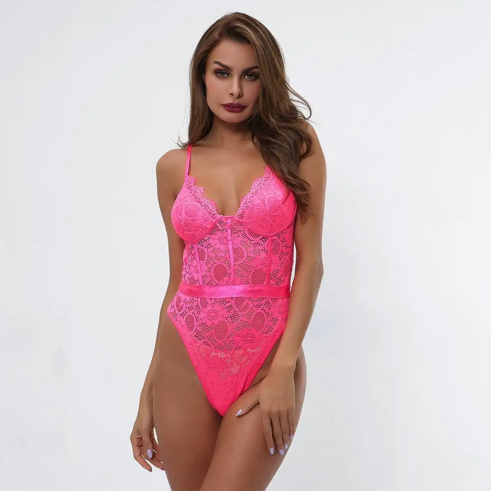 Gagaopt 2020 Hollow Out Sexy V-Neck Lace Bodysuit Sleeveless One Piece Body Feminino Romantic Sheer Teddy Fashion Bodysuit pink bodysuit Bodysuits