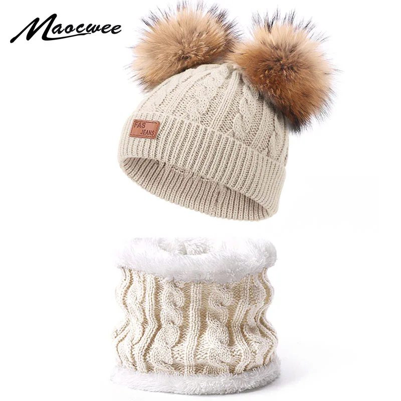 Double Real Fur Pom Beanies Hat Scarf Set For Children Winter Knitted Warm Bonnet Neck Ring With Lining Girls Boys | Аксессуары для