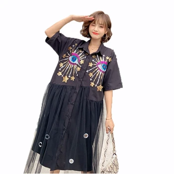 

Vefadisa Mesh Patchwork Short Sleeve Dress 2020 Women Summer Blouse Mid-length dress Loose Eye Pattern Dress Black ZXF004