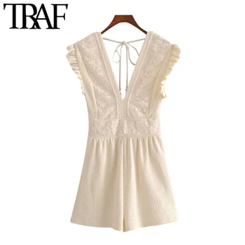 

TRAF Women Chic Fashion Lace Patchwork Playsuits Vintage V Neck Sleeveless Backless Tied Female Short Jumpsuits Mujer