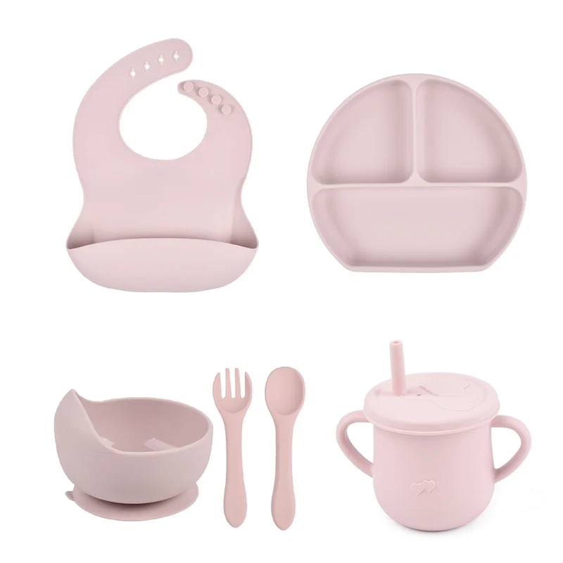 6PCS/Set Baby Silicone Tableware Cup  Bowl Plate/Tray Bibs Spoon Fork Sets Children Non-slip Feeding BPA Free Dinnerware Dinner