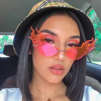 

New 2019 Cat Ey Fire Flame Sunglasses Women Men Rimless Wave Sun Glasses Eyewear Cool Oversized Party Glasse