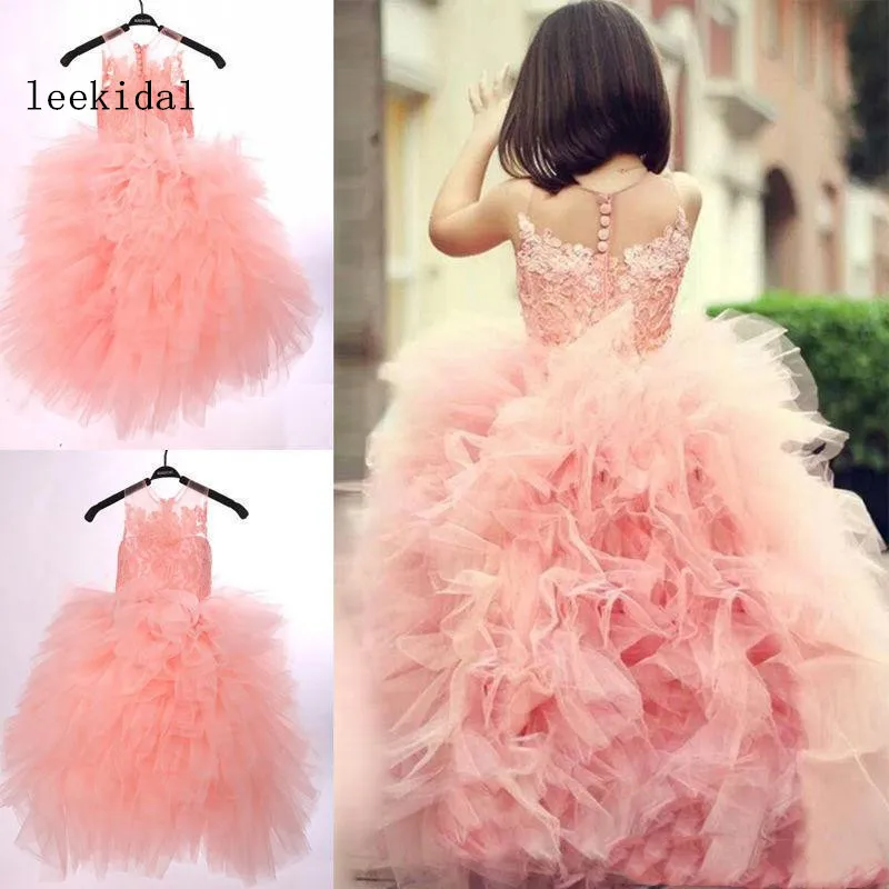 

real photos cute pink flower girls' dresses for weddings tulle ruffles layered lace girls party princess pageant gowns custom