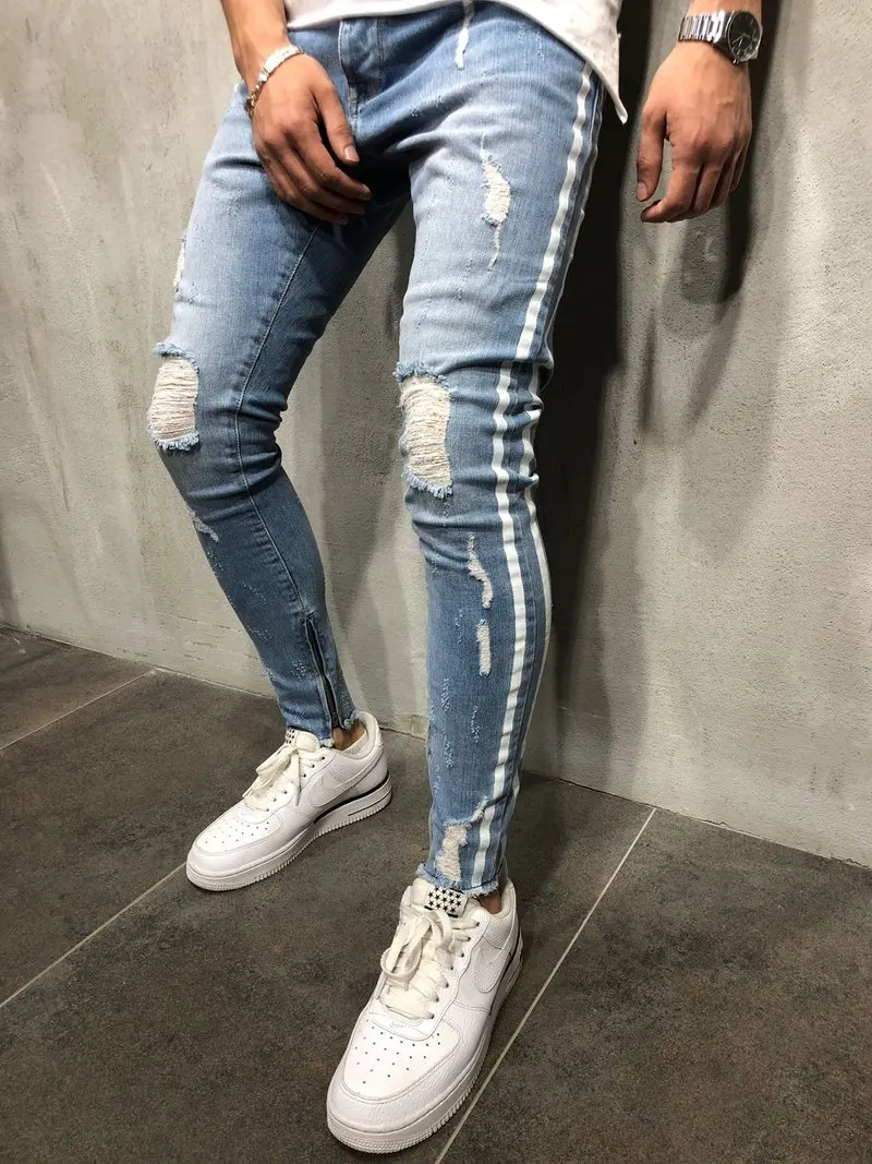 Мужские стильные рваные джинсы брюки байкерские узкие прямые потертые джинсовые брюки Новые Модные узкие джинсы мужская одежда