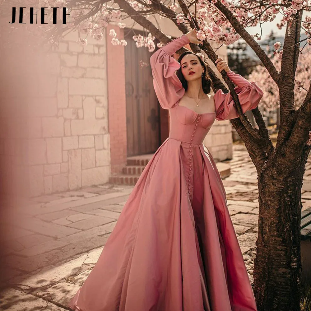 JEHETH Pink Elegant Long Puff Sleeves Square Neck Satin Prom Dresses Split Lace-up Backless Princess Party Gowns Floor Length beautiful prom dresses