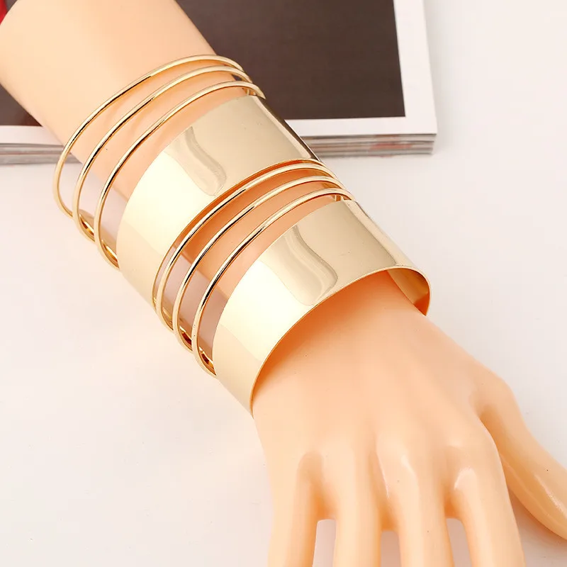 Модные lzhlq позолоченные браслеты модные геометрические полые Макси Панк ювелирные изделия браслет для женщин открывающиеся Регулируемые широкие манжеты браслеты - Окраска металла: Gold big