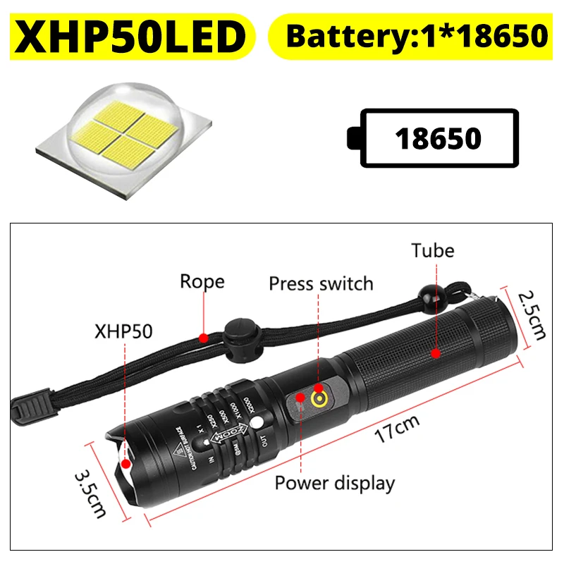 8000lms мощный светодиодный фонарь XHP50.2 перезаряжаемый фонарь с USB зумом, фонарь для кемпинга, охоты, с батареей 18650 26650