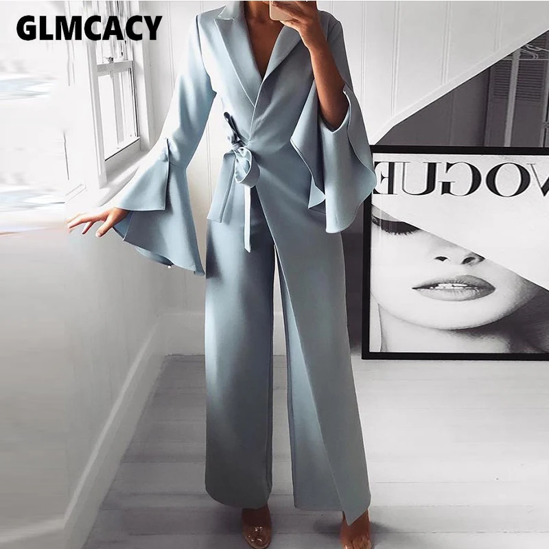 

Women Irregular Flared Sleeve Knot Side Wide Leg Jumpsuit Bodycon Solid Office Lady Elegant Spring Fall Night Out Party Overall