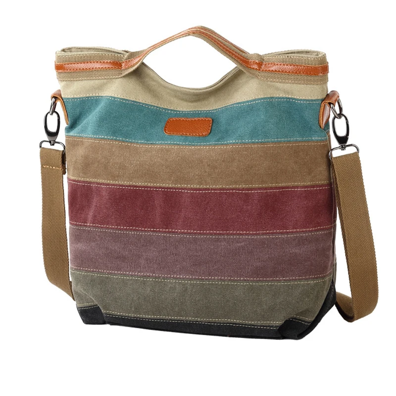 

Women Zipper Shoulder Bag Striped Ladies Casual Canvas Bag Retro Stitching Multicolor Messenger bag for Storage Outdoor Shopping