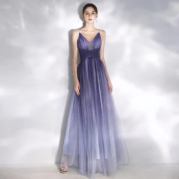 

Purple Shining Tulle Pleat A Line Prom Gowns V-Neck Spaghetti Straps Long Bridesmaid Dress For Wedding Party Guests Night Dinner