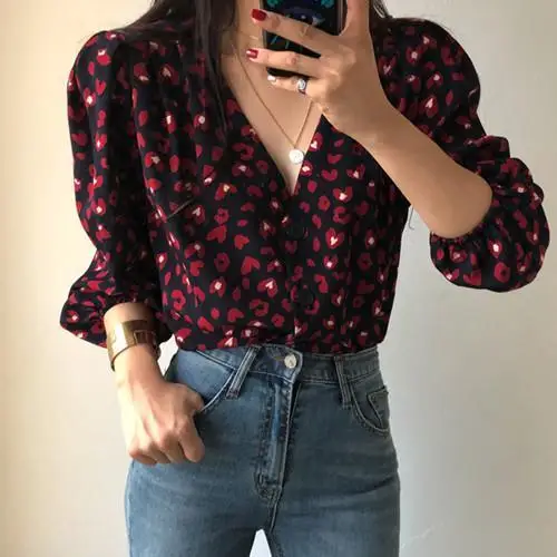 

Retro Chic Blouse Women Chiffon Casual V-Neck Tops Three Quarter Puff Sleeve Korean Floral Shirt 2020 Autumn Women's Clothing