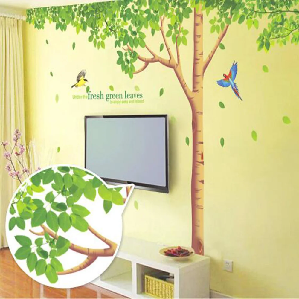 Большой размер 310*204 см гостиная/ТВ фон DIY наклейки очень большие Свежие зеленые листья Дерево Птицы наклейки на стену Фреска Наклейка