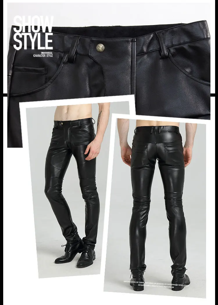 HOO new locomotive leather pants tight black leather pants men's cultivate one's morality teenagers splicing PU trousers