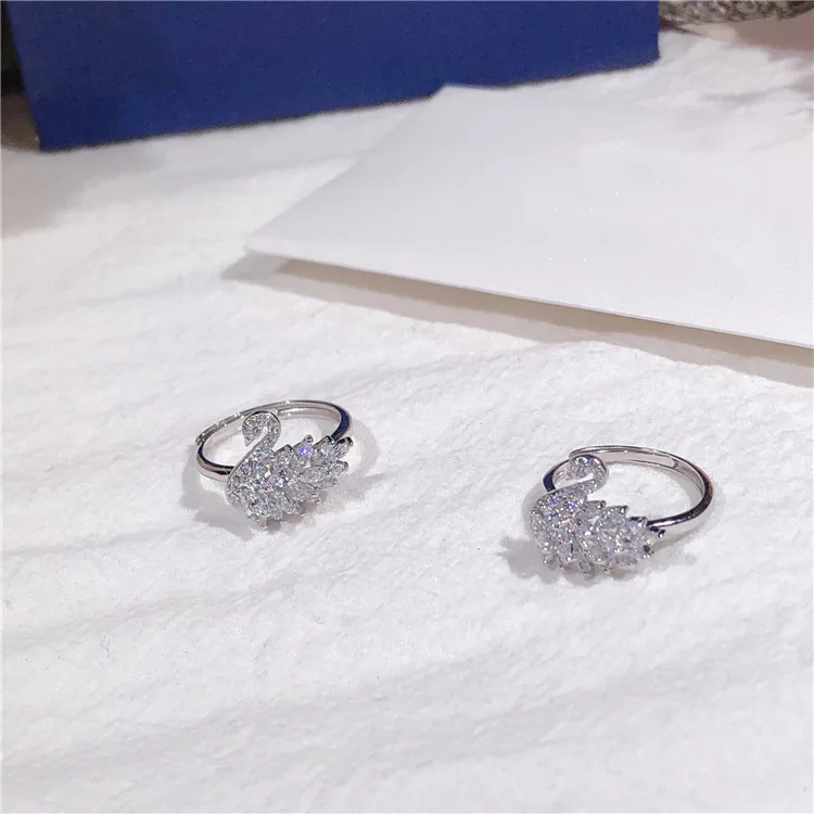 S925 изысканное серебряное Кристальное перо Лебедь регулируемое кольцо корейский стиль универсальные модные Великолепные женские кольца серебряные аксессуары