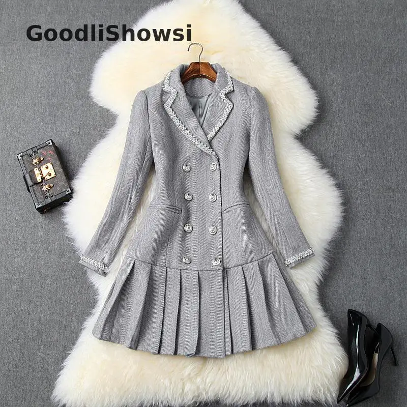 GoodliShowsi, элегантный дизайн, Женский блейзер, платье с бриллиантами и зубчатыми лацканами, двубортное, Женское шерстяное плиссированное платье