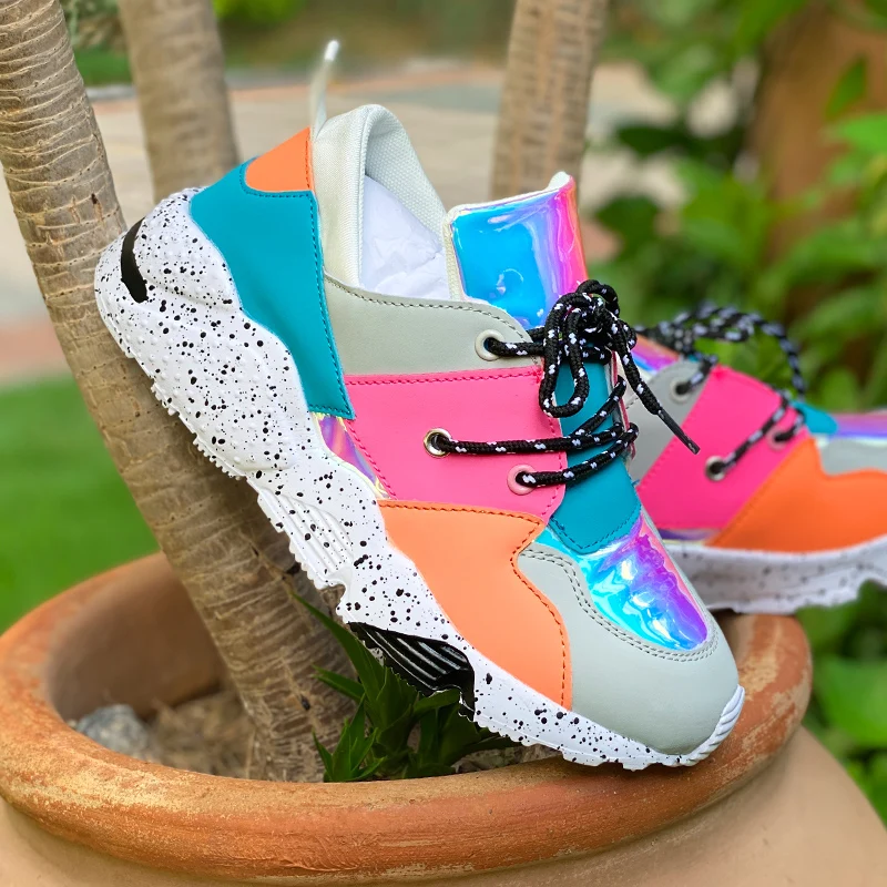 Women's Rainbow Shoes Mixed Color Casual Sneakers Multicolor Increase Sports Shoes Comfortable Breathable Holographic Outdoor Shoes (5)