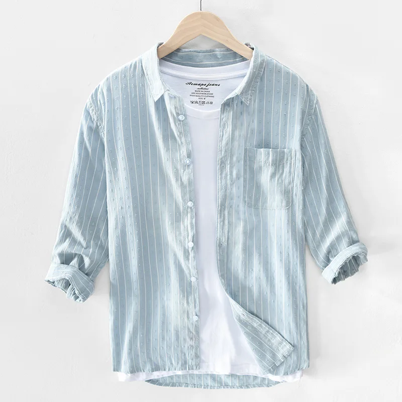 

2020 Autumn New Men 3/4Sleeve Shirt Striped Turn-down Collar Classic All-Match Male Casual 100%Cotton Tops Clothes Y3449