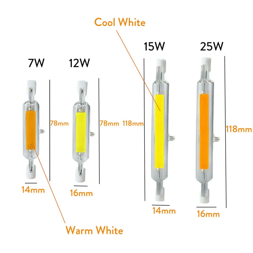 조광 가능한 COB 전구 세라믹 유리 튜브 라이트, LED 앰플 교체, 70-200W 할로겐 봄빌라 조명, R7S J78 J118, 7W, 12W, 15W, 25W