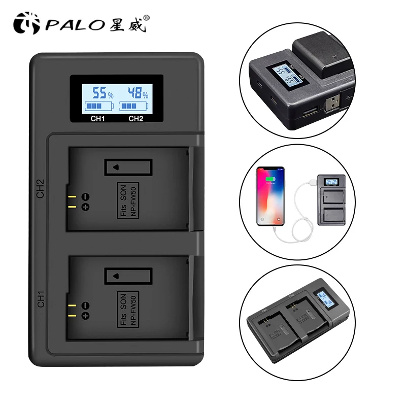 PALO 2 шт. 2000 мАч NP-FW50 NP FW50 батарея для камеры+ ЖК USB двойное зарядное устройство для sony Alpha a6500 a6300 a6000 a5000 a3000 NEX-3 a7R - Цвет: charger