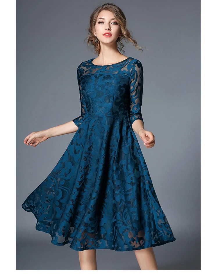 Women dress Blue Beach Hollow out lace dress Elegant Vintage Party dress Brand evening vestidos AW605